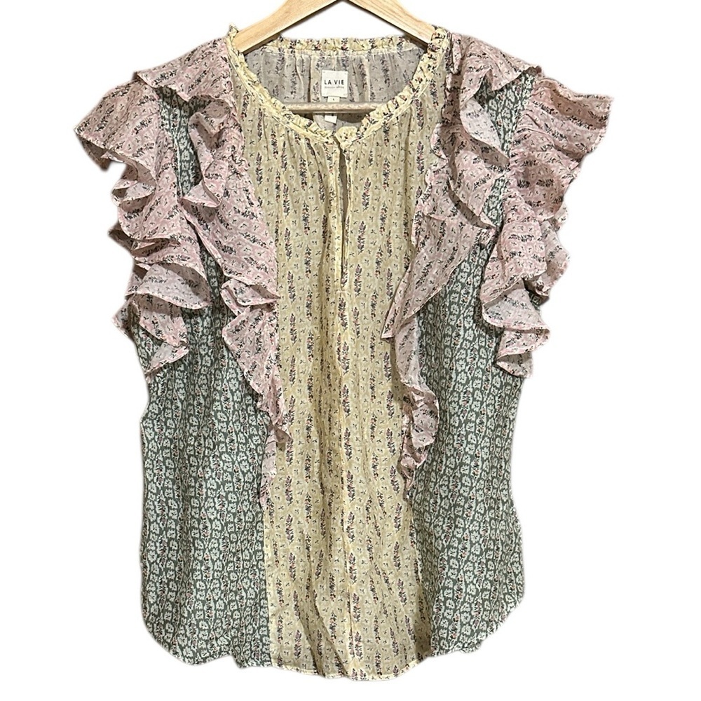 La Vie Rebecca Taylor Pascale Mixed-Print Cotton/Silk Top Size Large
